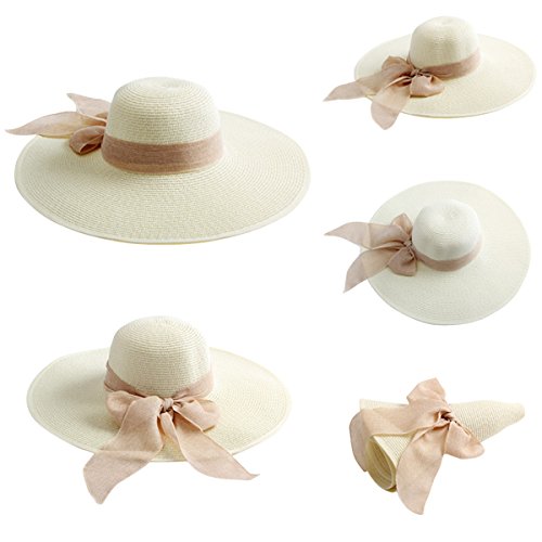 Lanzom Womens 5.7 Inches Big Bowknot Straw Hat Large Floppy Foldable Roll up Beach Cap Sun Hat UPF 50+ - color: Ivory White