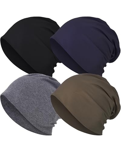 JarseHera 100% Cotton Slouchy Beanie for Women Men Soft Chemo Headwear Set - color: 4 Pcs,black+dark Gray+navy+olive Green