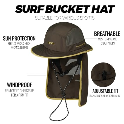 Croogo Surf Bucket Hat with Neck Protection Chin Strap Mesh Fishing Cap - color: Brown
