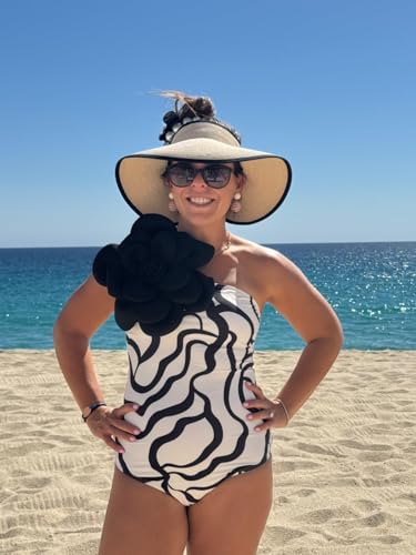 FURTALK Womens Sun Hat with Ponytail Hole Wide Brim Beach Straw Visor - color: Beige With Black