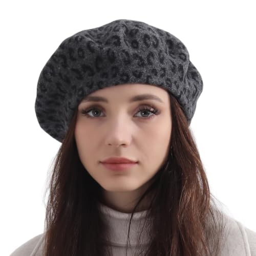 French Wool Beret Hats for Women Man - color: Leopard Print-darkgray