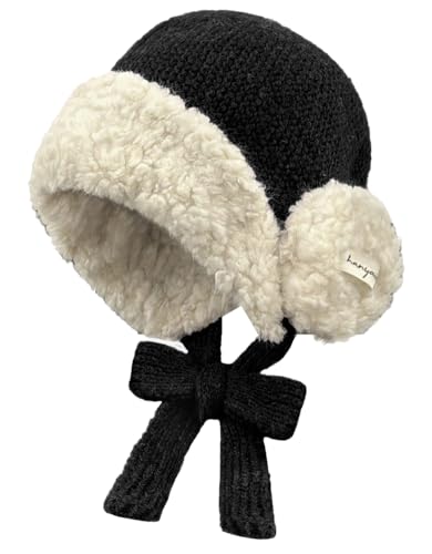 Women Winter Fleece Beanie Hat with Ear Flaps Soft Warm Crochet Skull Caps - color: Black