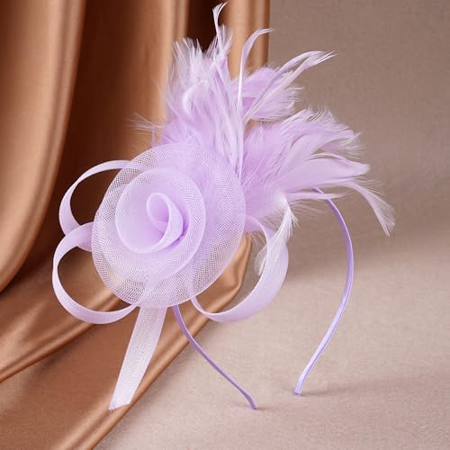 Zinniday Victorian Feather Fascinators Hats - 2025 Derby Attire Headwear with Hairpin,1920s Tea Party Hat for Woman - color: Light Purple