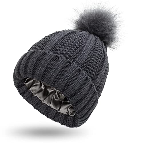 Muryobao Womens Satin Lined Beanie Hat with Faux Fur Pom Cuffed Winter Warm Knit Skull Cap - color: Dark Grey