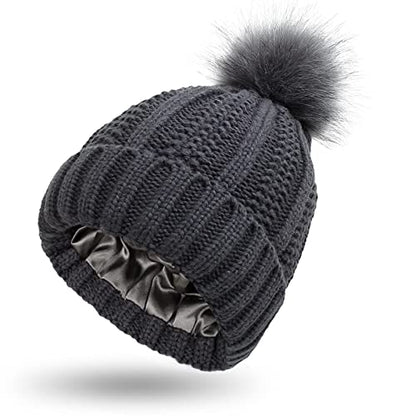 Muryobao Womens Satin Lined Beanie Hat with Faux Fur Pom Cuffed Winter Warm Knit Skull Cap - color: Dark Grey