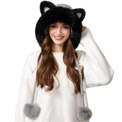 Women Winter Sherpa Beanie Hats Knit Ear Flap Hat Fleece Lined - color: Gray With Ear