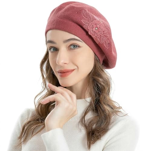 ZLYC Women French Beret Hat Reversible Solid Color Mosaic Warm Artist Cap - color: Flower Dusky Red