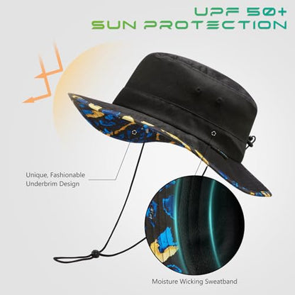 UPF 50+ Foldable Sun Hat Patterned Under Brim Bucket Hats for Summer Hiking Fishing Beach Safari Men Women - color: Black, size: Medium