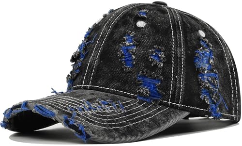 Distressed Washed Denim Baseball Cap Vintage Ripped Strapback Sun Hat for Men Women - color: Blue