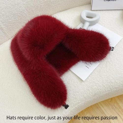 Women's Fluffy Trapper Hat, Long Pile Faux Fur Ushanka hat with Buckle, Luxurious Mink-Style Winter Warm Hat - color: Red