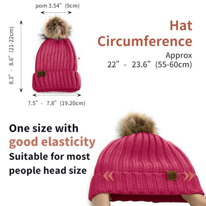 ZOORON Womens Winter Knitted Beanie Hat with Faux Fur Pom Beanie Warm Knit Skull Cap Beanie for Women - color: 1rose Red