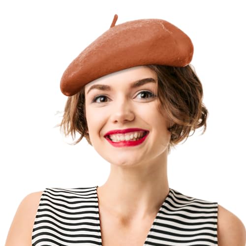 French Beret Hats for Women - Soft Warm Wool Solid Color Beanie Winter Cap - color: Light Orange