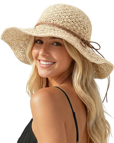 Beach Sun Hats for Women, Wide Brim Straw Hat, UPF 50+ UV Protection - color: Beige -String