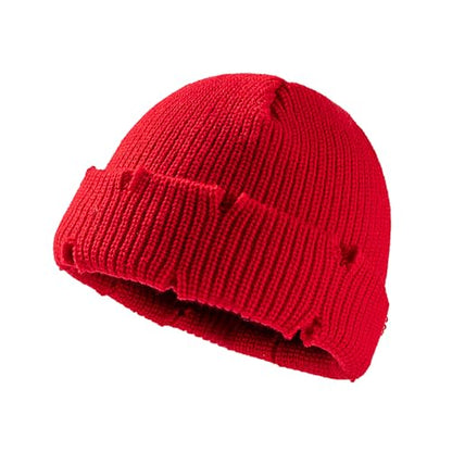 Unisex Warm Knit Skull Cap Hip-hop Slouchy Ripped Knitted Hat - color: Red