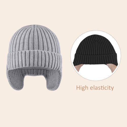 2 Pack Kids Beanie Winter Hat for 3-10 Years Cute Warm Fleece Lined with Ear Flaps for Boys and Girls - color: Dark Grey+light Grey