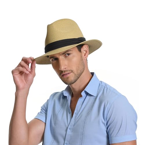 Sun Hat Straw Fedora Hats for Men Women Beach Hat Panama Hat Men Wide Brim Summer Hats UPF80+ - color: Khaki, size: Medium