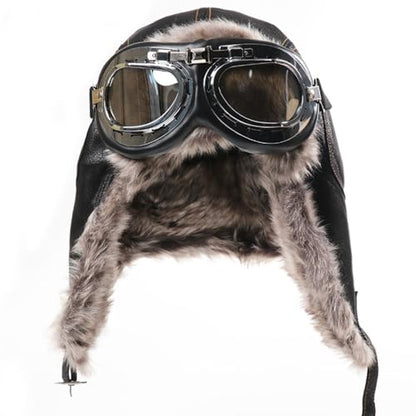 Harssidanzar Leather Outdoor Cycling Windproof Harley Goggles, Warm Pilot's hat,DU303 - color: Black