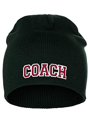 I&W Sports Team Coach Arch Letters Winter Knit Cuffless Beanie 3D Raised Layers - color: Dk Green Beanie White Red