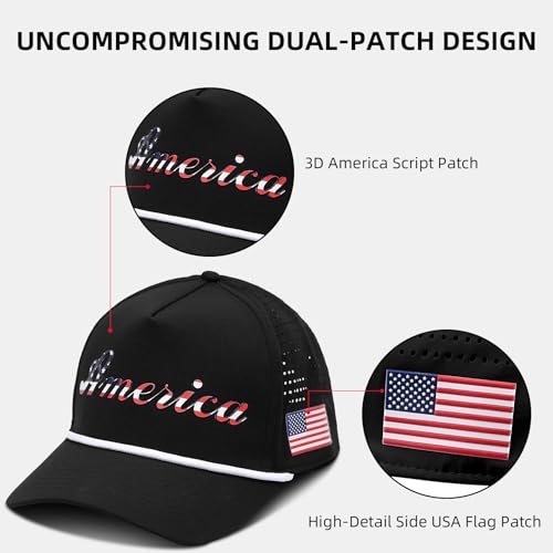 MATSUBA America Script & Flag Hat - Comfortable PVC Curved 5 Panel Rope Hat with Breathable Snapback