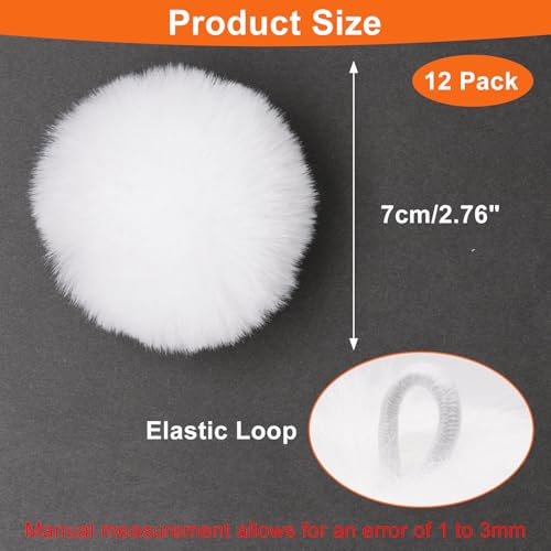 SWZHAI 12 Pcs 2.75 Inch Small Faux Fur Pom Pom Balls, Fluffy Pompom with Elastic Loops for Hats, Scarves, Bags, Shoes, Gloves & Key Chain Charms Accessories(White) - size: White
