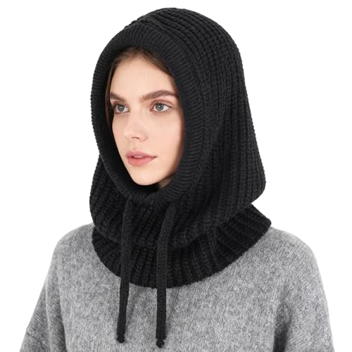 Connectyle Knit Hooded Scarf Hat Pullover Balaclava Beanie Skull Cap with Drawstring Neck Gaiter Hood Winter Hats for Women - color: Black