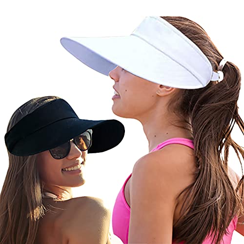 2PCS Wide Brim Sun Visor Hat Women Large UV Protective Golf Beach Cap, Korea Design - color: 1black+1white