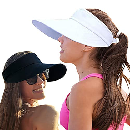 2PCS Wide Brim Sun Visor Hat Women Large UV Protective Golf Beach Cap, Korea Design - color: 1black+1white