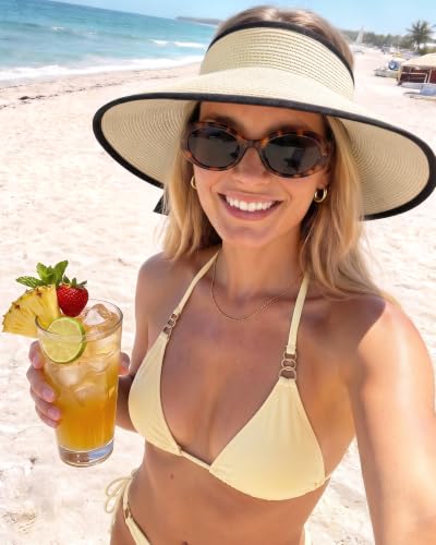 Camptrace Women's Straw Sun Visor Hat UPF Wide Shade Ponytail Summer Hat - color: Beige
