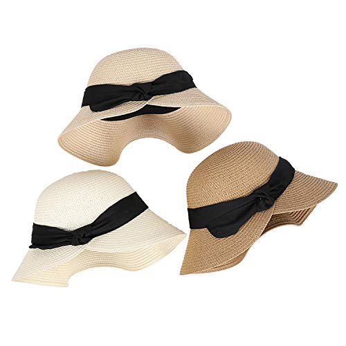 Summer Beach Sun Straw Hats for Women Wide Brim Packable Travel Bucket Hats UPF 50+ - color: Brown, With Black Band