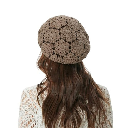 ZLYC Women Cotton Slouchy Crochet Beret Handmade Cutout Floral Beanie Hat - color: Floral Camel