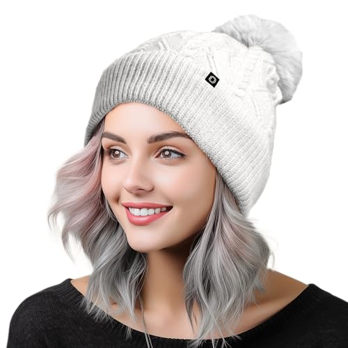 DALIX Cable Knit Pom Beanie Soft Stretch Skully Warm Fuzzy Faux Sherpa Winter Ski Beanie - color: White