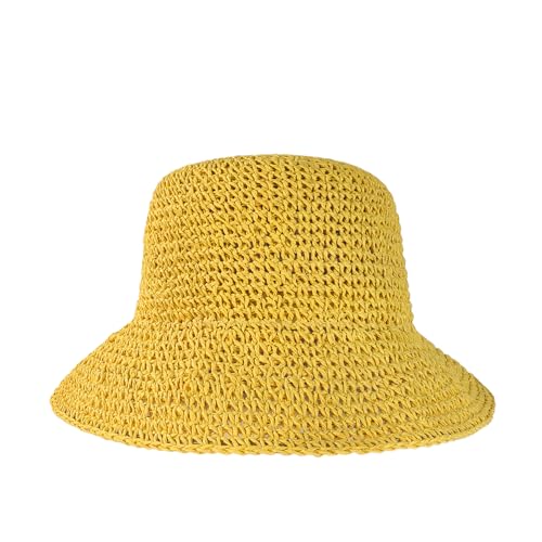 Womens Sun Hats Wide Brim Summer Beach Hat for Women Foldable Travel Straw Hat UPF50+ - color: A-yellow