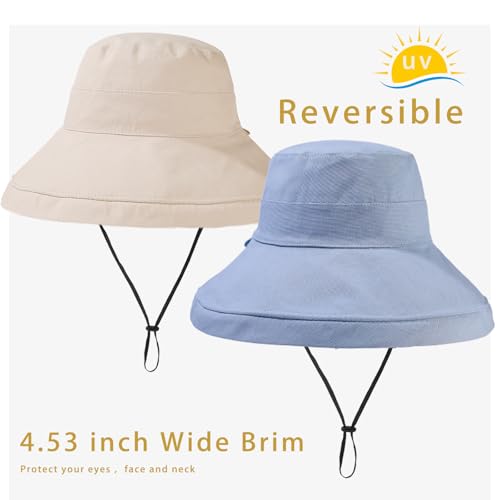 vidsel Womens Sun Hats Wide Brim Reversible Bucket Cotton Hat with Hat Clip - color: Medium-beige+blue, size: Medium