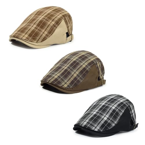 3Pcs Men's Newsboy Caps Cotton Cooling Hat Adjustable Flat Cap for Men - color: 4#-black+coffee+khaki