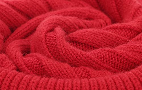 Women Real Fur Pom Pom Winter Ribbed Cuffed Knit Beanie Hat - color: Rc Red