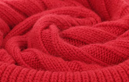 Women Real Fur Pom Pom Winter Ribbed Cuffed Knit Beanie Hat - color: Rc Red