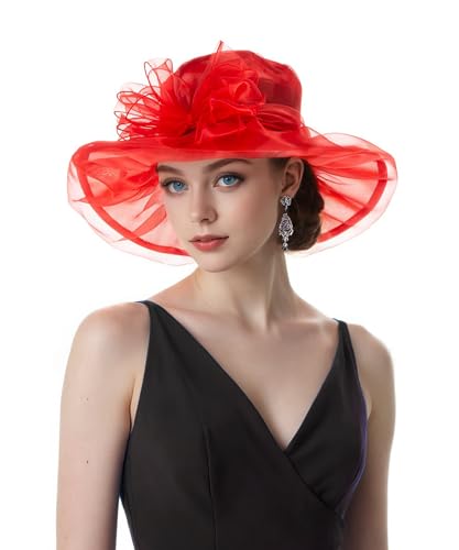 Derby Hats for Women 2026 Women's Elegant Organza Kentucky Fascinator for Church, Tea Party, Weddings Hats - color: Hat1-red