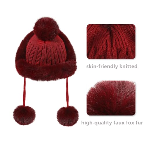 Winter Hats Cute Kint Hat Russian Fur Crochet Hat Slouchy Beanies with Pompom Warm Fuzzy Snow Cap Trapper Hat for Women - color: Wine