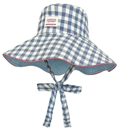 Sun Hats for Women Reversible Plaid Sun Cap Bucket Hat Wide Brim UV Protection Beach Hats 2025 Summer Travel Cap Fishing Hat - color: Blue
