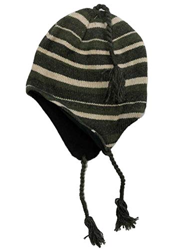 Mens Khaki Green Striped Peruvian Style Trapper Hat Fleece Lined