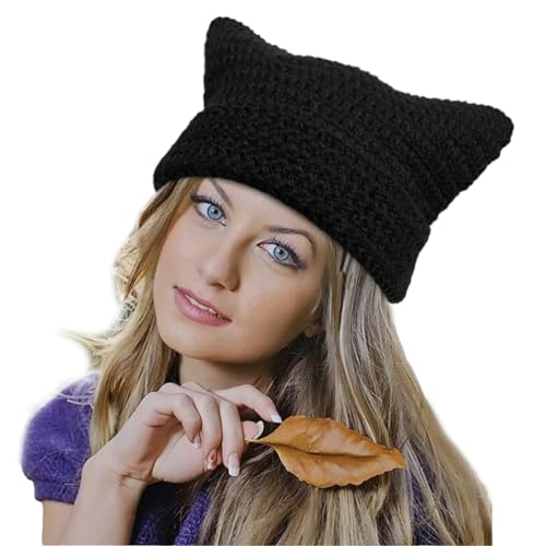 Women Beanie Warm Winter Hats, Soft Knit Lazy Beanie for Women, Women Cat Beanie，Women Fox hat, Slouchy Beanies for Women - color: Black & White
