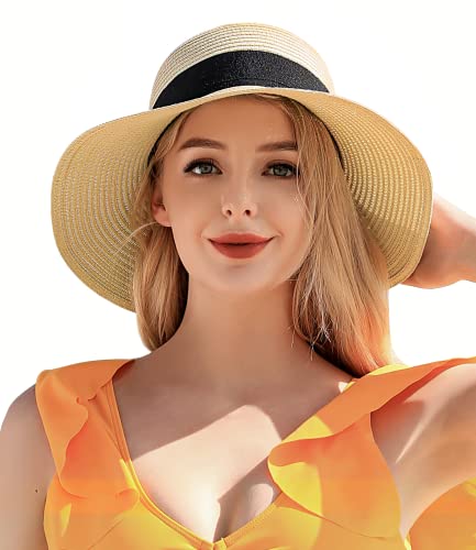 Beach Sun Straw Hats for Women, UPF 50+ UV Sun Protection Summer Straw Hat - color: A-beige