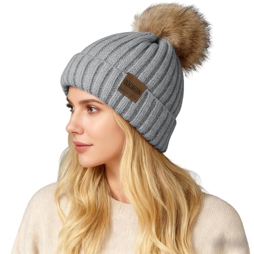 ZOORON Womens Winter Knitted Beanie Hat with Faux Fur Pom Beanie Warm Knit Skull Cap Beanie for Women - color: 1pack Light Grey