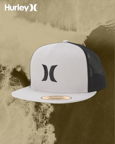 Hurley Mens Cap Flat Brim Mesh Panel Trucker Hat, Snap Back - color: Grey