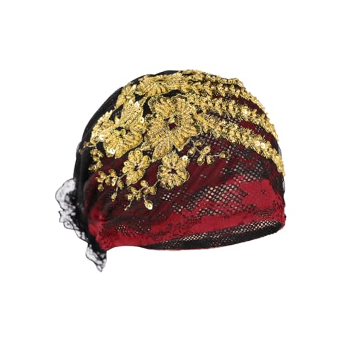 haozaikeji Women Flower Turban Hat Rhinestones Muslim Islamic Head Wrap African Pearl Turban Soft Stretchy Head Cover - color: Red-gold