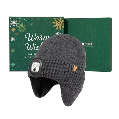 TOP-EX DryKnit™ Waterproof 50% Merino Wool LED Beanie Hat with Ear Flaps - color: Grey+gift Box, size: X-Large-XX-Large