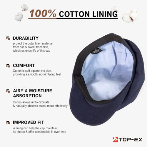XL XXL Oversized 8 Panel Natural Linen Flat Cap Newsboy Hat Lightweight Summer Cooling Golf Outdoor Eco-Friendly - color: Navy Herringbone(elastic), size: X-Large-XX-Large