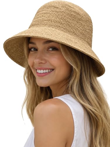 Natural Raffia Straw Bucket Hat for Women Sun Beach Handmade Raffia Woven Bucket Hat Foldable Summer Cap - color: Natural Raffia ( Brim2.4“)