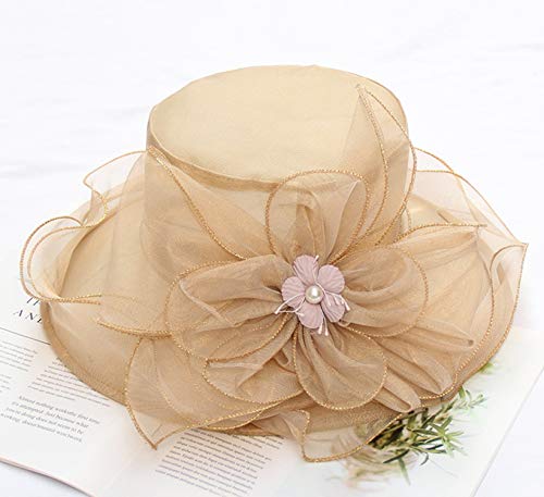 Organza Fascinator Hat - Women’s Wide Brim Church Bridal Tea Party Wedding Hat - color: 02a-lightgold