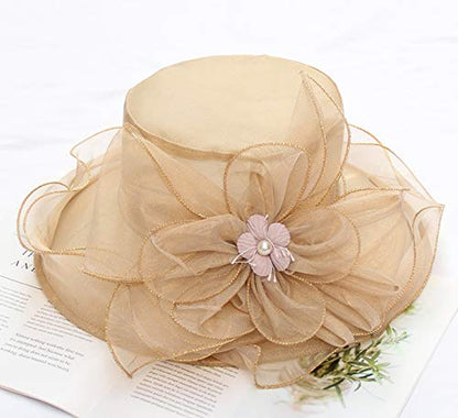 Organza Fascinator Hat - Women’s Wide Brim Church Bridal Tea Party Wedding Hat - color: 02a-lightgold